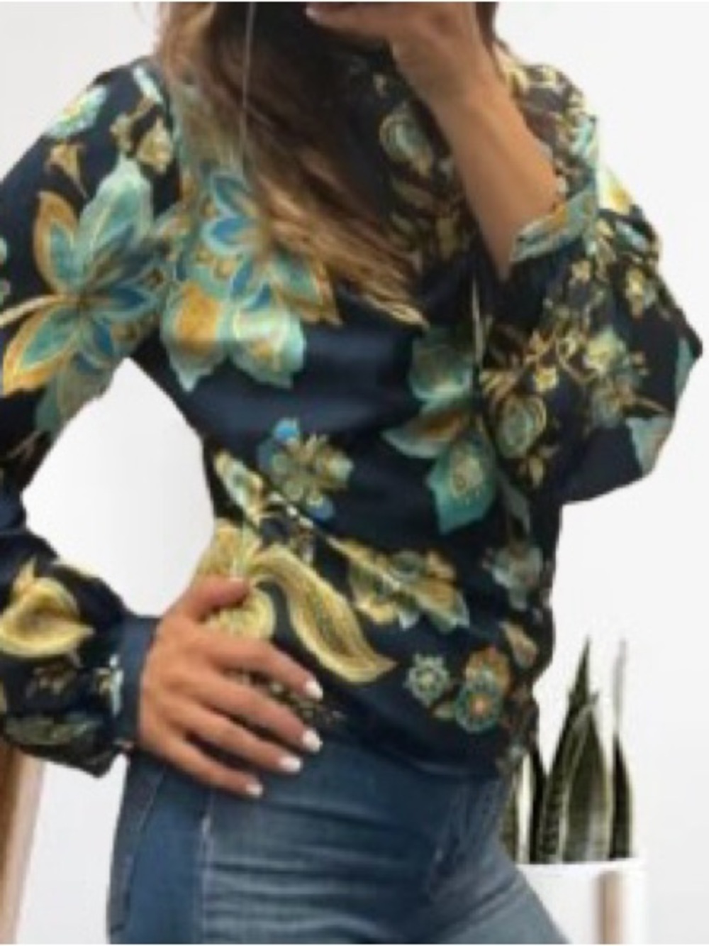 Guess Floral Satin Blouse in Navy, Teal & Gold